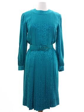 Vintage 70s Helga Turquoise Embossed Leaf Belted Midi Dress Women's Medium